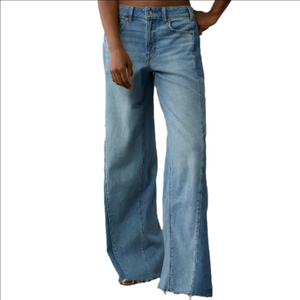 American Eagle Dreamy Drape Low Rise Baggy Wide Leg Raw Hem Patchwork Jean